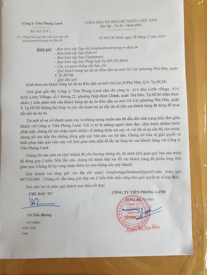 Tiên Phong Land gửi công văn khắc phục sai phạm tại dự án Khu dân cư mới Gò Cát